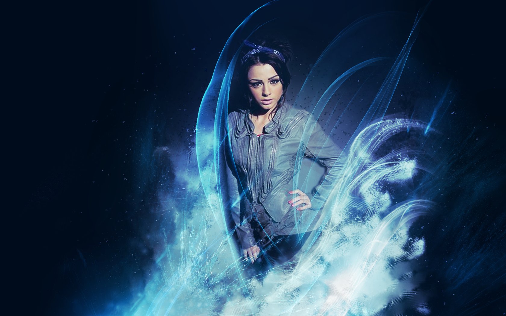 Cher Lloyd stands confidently in a dynamic, HD desktop wallpaper filled with vibrant blues and ethereal swirls, capturing the essence of her music and style.