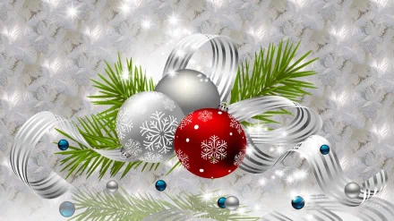 Christmas-themed HD desktop wallpaper featuring festive ornaments and holiday decorations, including red and silver baubles with snowflake patterns, green pine branches, and silver ribbons.