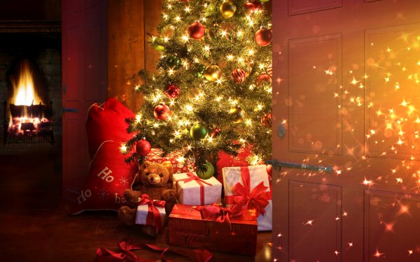 Día festivo Navidad Christmas Ornaments Christmas Lights Christmas Tree Regalo Teddy Bear Fireplace Fondo de pantalla HD | Fondo de Escritorio