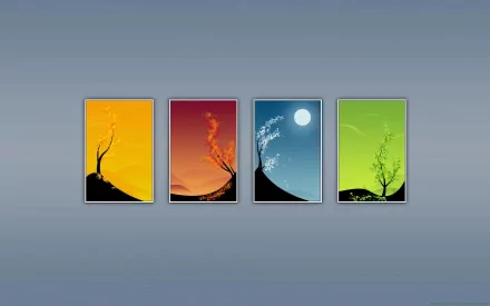 HD desktop wallpaper featuring four panels, each depicting a different season in vibrant colors: a yellow spring, red summer, blue autumn, and green winter, showcasing nature's diversity.