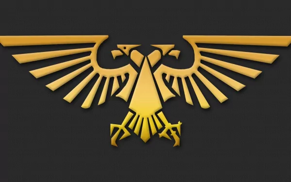 HD PC desktop wallpaper featuring the golden Warhammer 40k double-headed eagle emblem from the video game universe.