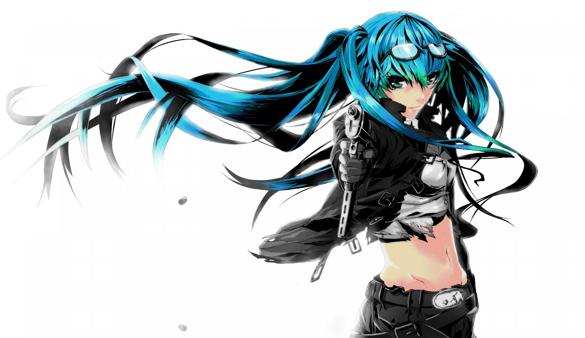 CGI HD desktop wallpaper of anime Vocaloid Hatsune Miku with blue hair, wearing headphones and holding a weapon, set against a white background.