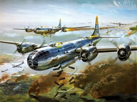  Boeing B-29 Superfortress makes a bombing run on Japanese cites.