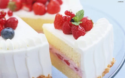 A close-up of a delicious cake adorned with fresh berries and mint, showcased as a vibrant HD desktop wallpaper and background.