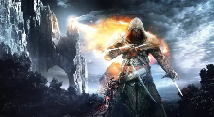 HD PC desktop wallpaper featuring a hooded assassin from Assassin's Creed: Revelations, standing against a dramatic, fiery mountainous landscape.