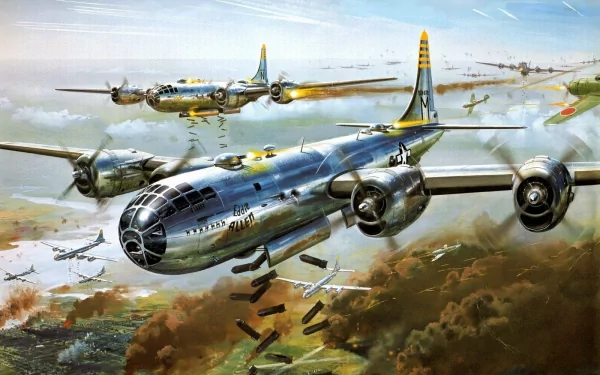 HD desktop wallpaper depicting a formation of military Boeing B-29 Superfortress bombers releasing ordnance over a landscape.
