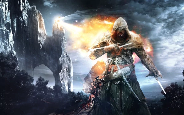 HD PC desktop wallpaper featuring a hooded assassin from Assassin's Creed: Revelations, standing against a dramatic, fiery mountainous landscape.