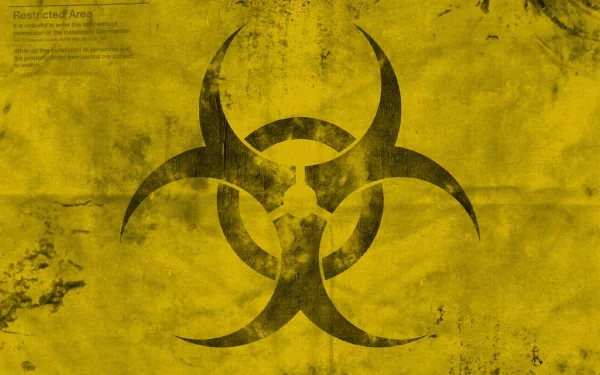 HD PC desktop wallpaper featuring a weathered yellow background with a bold black biohazard symbol, blending sci-fi and biohazard themes in a striking design.
