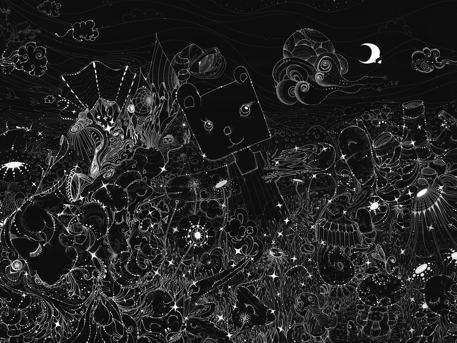 An artistic black and white HD desktop wallpaper featuring a whimsical scene with abstract shapes, a bear-shaped figure, and swirling clouds, creating a captivating and imaginative atmosphere.