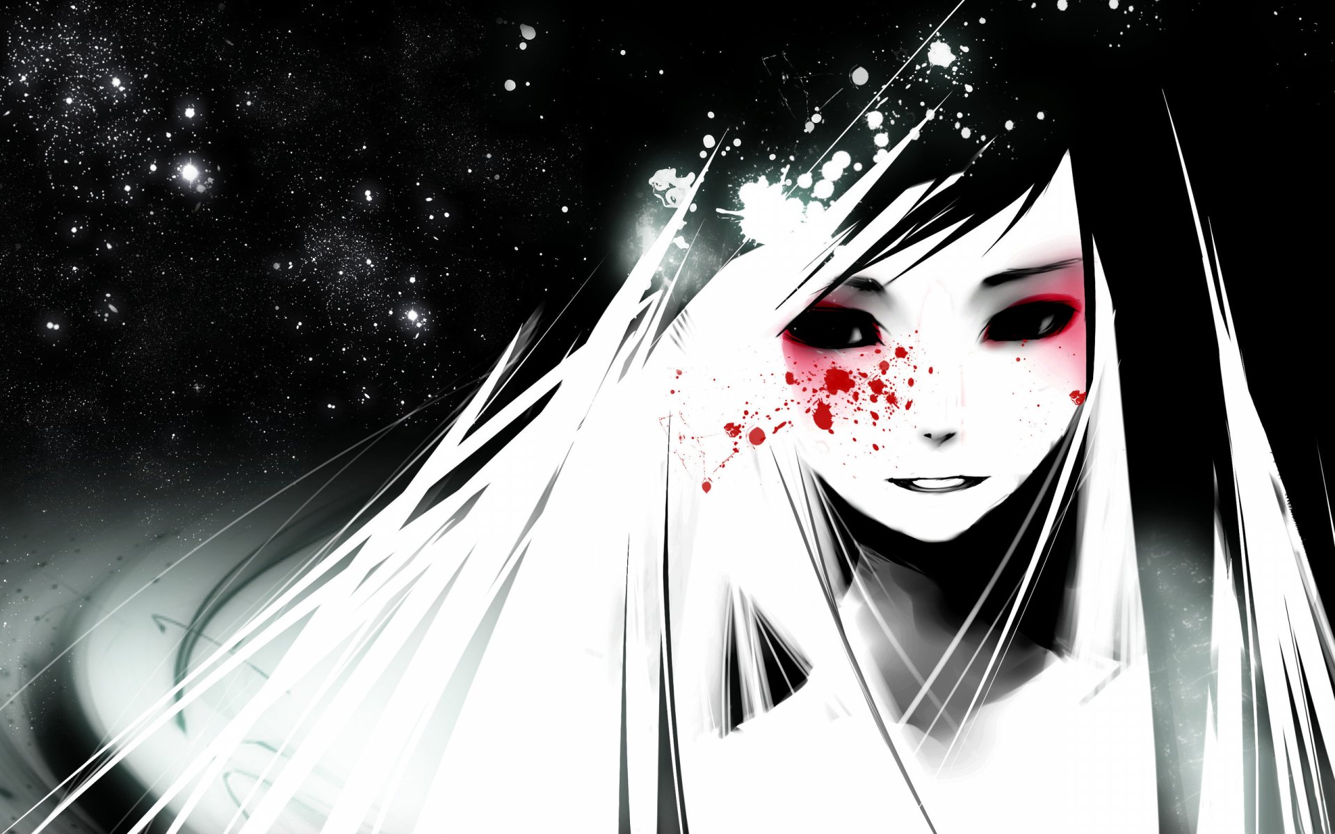 HD original anime desktop wallpaper featuring a monochrome female figure with long white hair and red freckles against a starry black background.