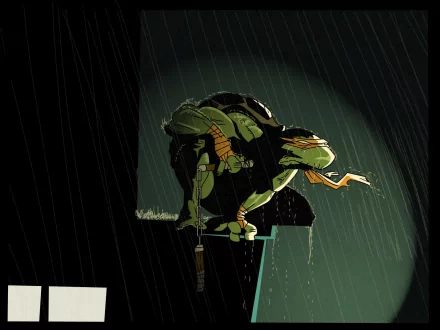 HD wallpaper featuring Michelangelo from the Teenage Mutant Ninja Turtles. The image captures him in a dynamic pose, set against a dark, rainy backdrop, emphasizing his character's energy.