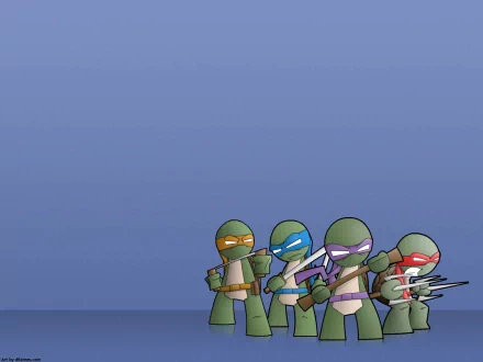 HD wallpaper featuring the Teenage Mutant Ninja Turtles: Michelangelo, Leonardo, Raphael, and Donatello, in a vibrant comic style ready for action against a blue background.