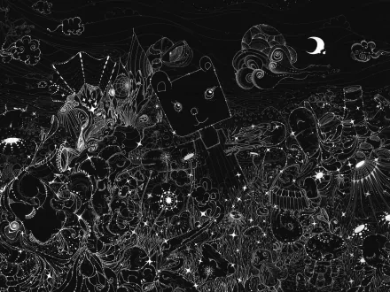 An artistic black and white HD desktop wallpaper featuring a whimsical scene with abstract shapes, a bear-shaped figure, and swirling clouds, creating a captivating and imaginative atmosphere.