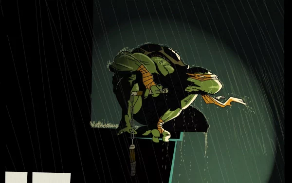 HD wallpaper featuring Michelangelo from the Teenage Mutant Ninja Turtles. The image captures him in a dynamic pose, set against a dark, rainy backdrop, emphasizing his character's energy.