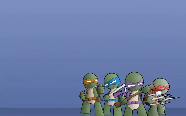 HD wallpaper featuring the Teenage Mutant Ninja Turtles: Michelangelo, Leonardo, Raphael, and Donatello, in a vibrant comic style ready for action against a blue background.