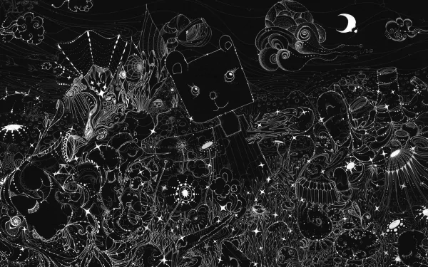 An artistic black and white HD desktop wallpaper featuring a whimsical scene with abstract shapes, a bear-shaped figure, and swirling clouds, creating a captivating and imaginative atmosphere.