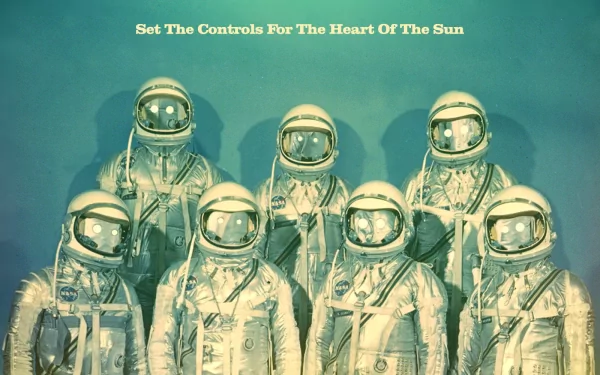 HD PC desktop wallpaper featuring seven astronauts in vintage NASA space suits, blending sci-fi elements with a retro-futuristic vibe and the caption Set The Controls For The Heart Of The Sun.