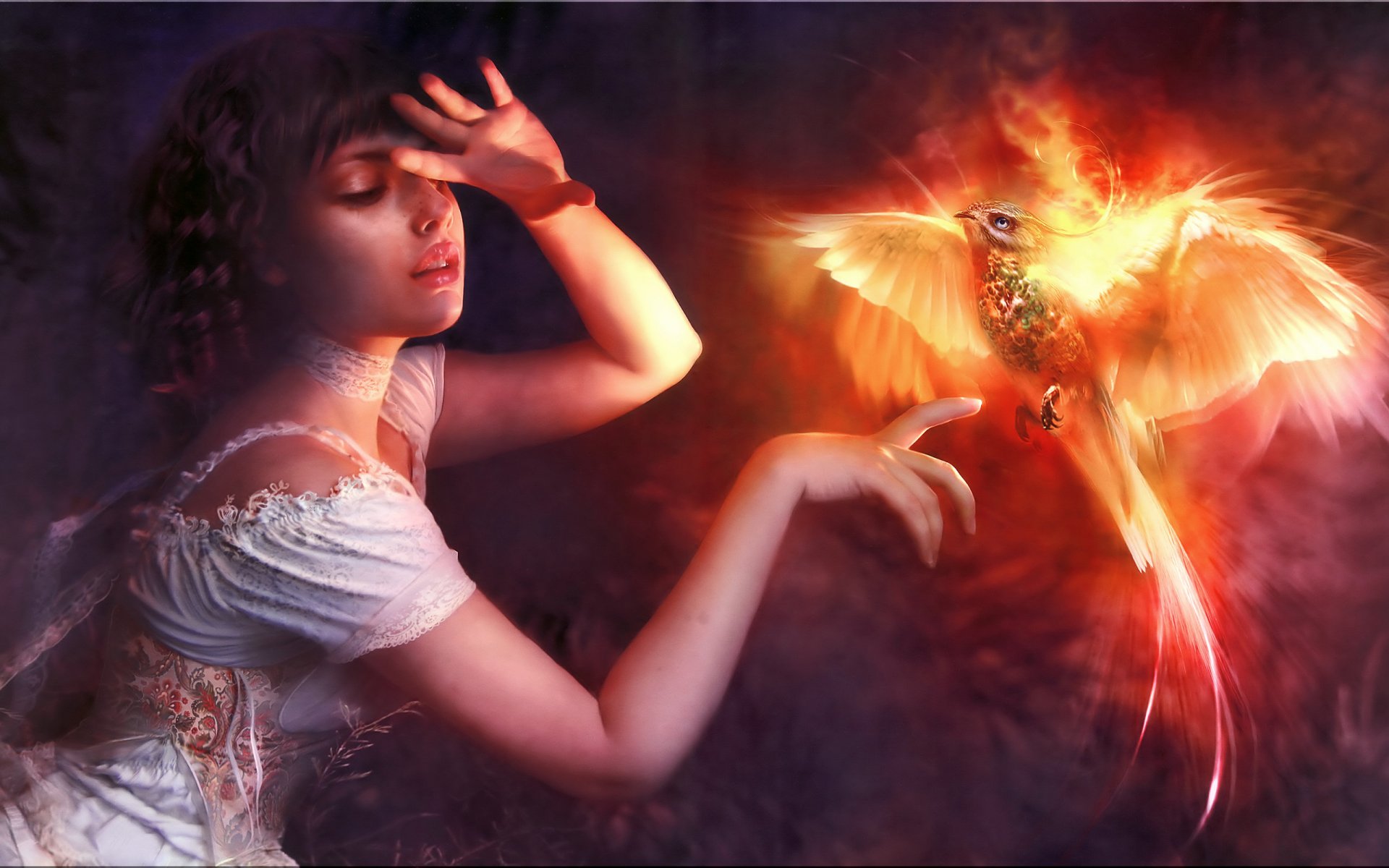 A fantasy-themed HD wallpaper featuring a woman gently reaching toward a glowing, fiery bird, evoking a sense of magic and wonder.