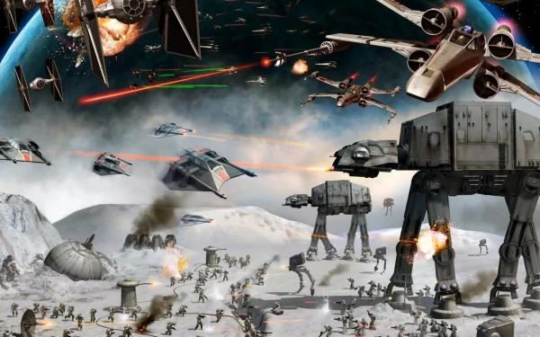 HD desktop wallpaper featuring an epic Star Wars battle scene with AT-AT Walkers, TIE Fighters, and X-Wings in a snowy environment, showcasing intense combat from the iconic movie universe.