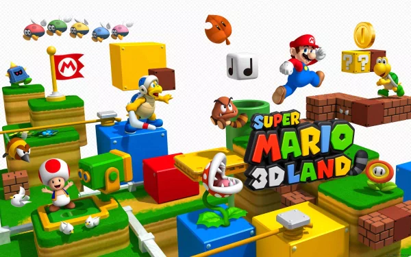 HD PC desktop wallpaper featuring vibrant characters and elements from the video game Super Mario 3D Land in a colorful, blocky landscape.
