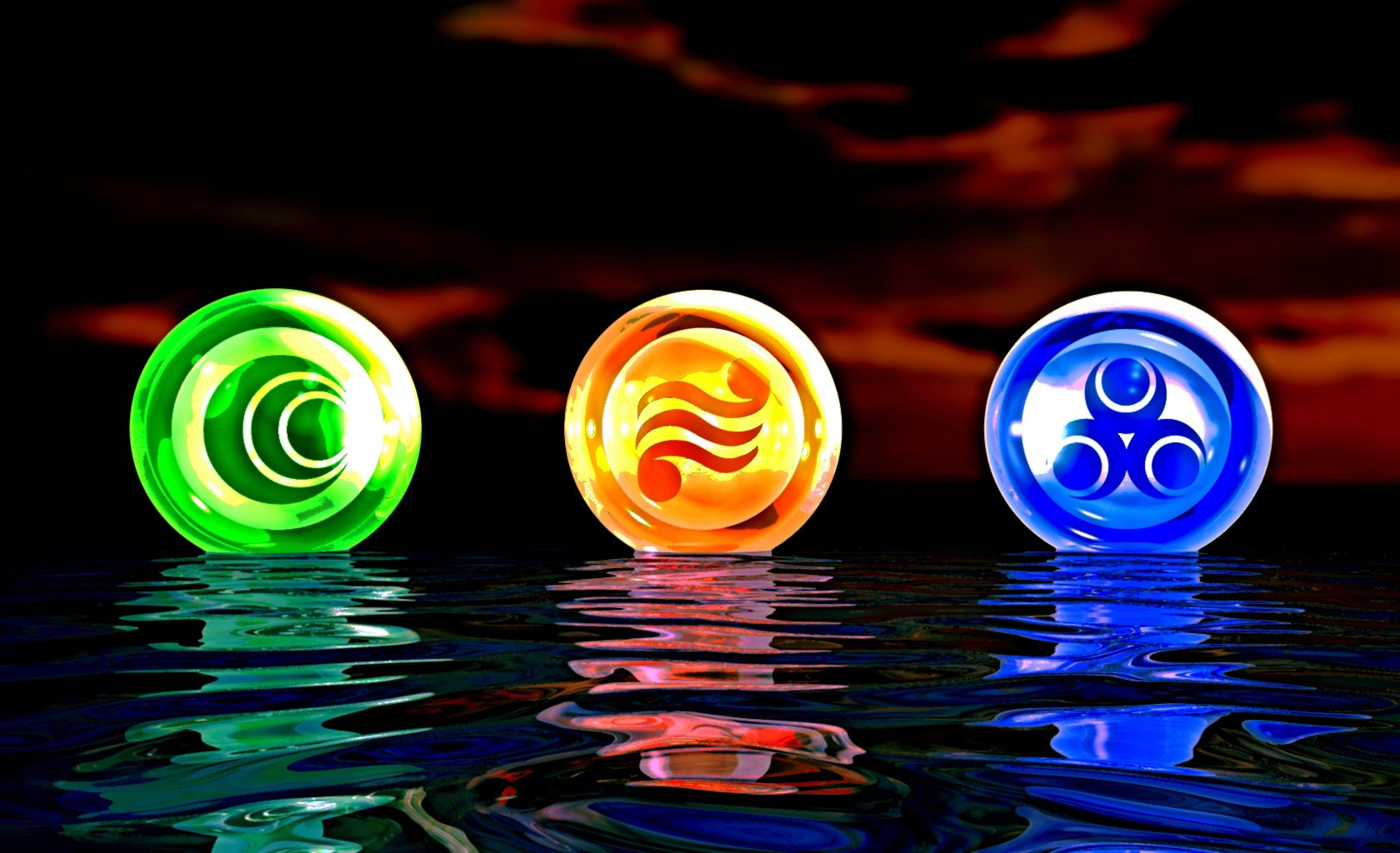 A vibrant HD wallpaper featuring mystical orbs representing elements from The Legend of Zelda. The scene reflects on water, creating an enchanting atmosphere.