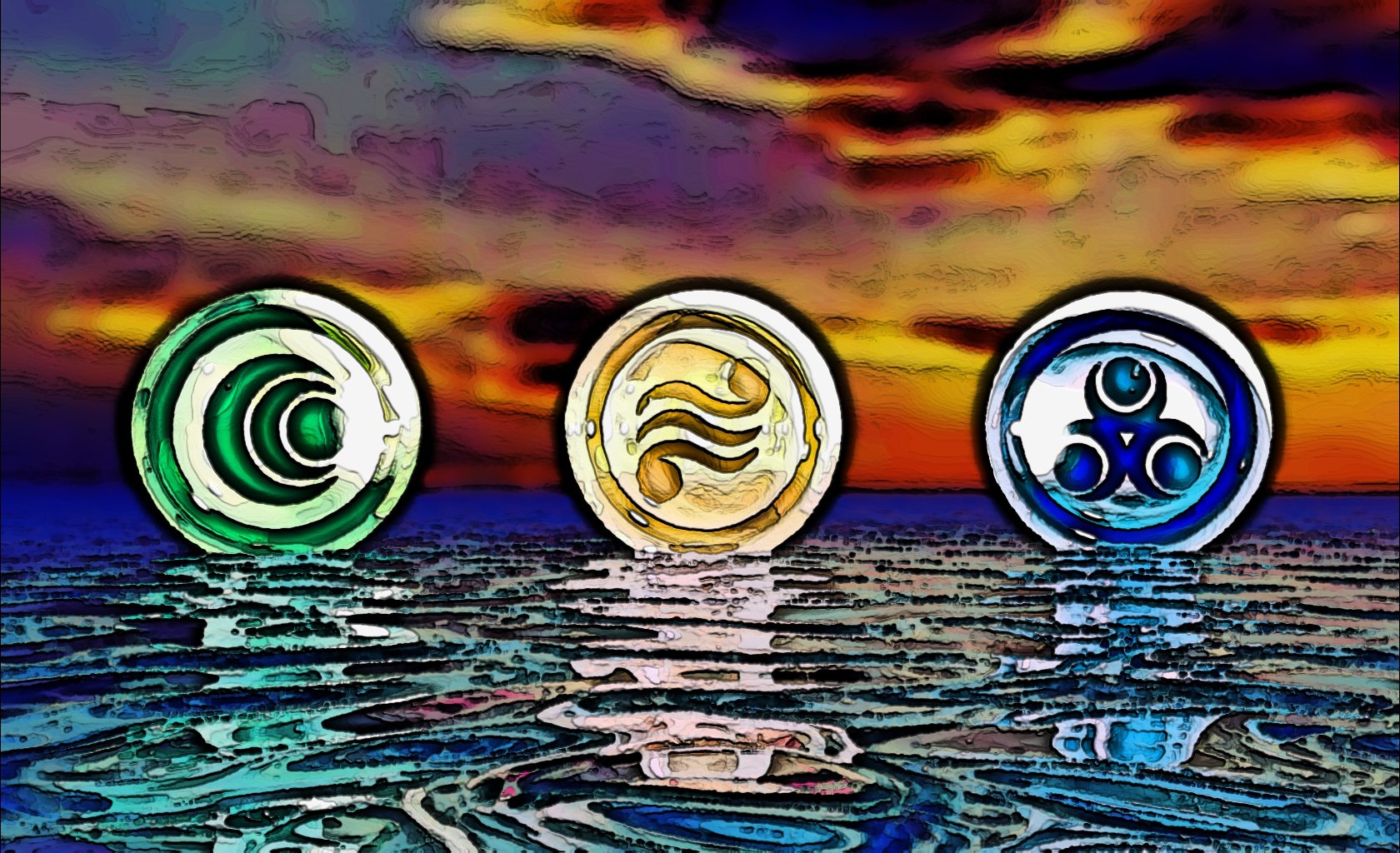 HD PC desktop wallpaper featuring three glowing elemental symbols representing goddesses from The Legend of Zelda, set against a vibrant sunset sky and reflective water.