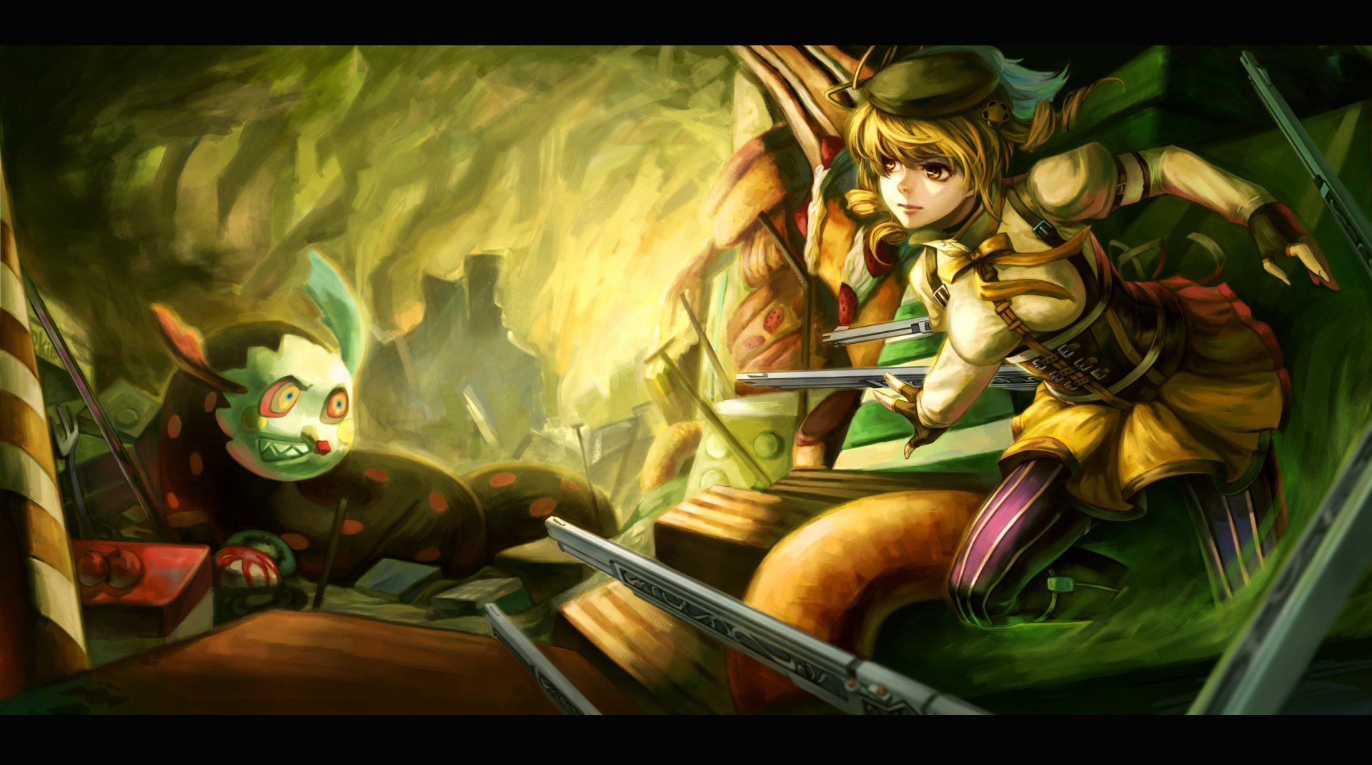 2K Quad HD anime wallpaper: Mami Tomoe (Puella Magi Madoka Magica) confronts the witch Charlotte in a fiery cavern, poised with rifles and swirling ribbons.