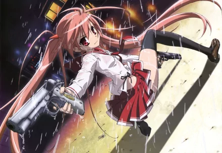 HD desktop wallpaper featuring Aria Holmes Kanzaki from Hidan no Aria (Aria the Scarlet Ammo) anime, holding a pistol in an action pose amidst a dynamic, rain-soaked urban background.