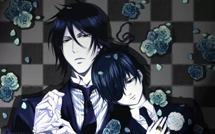 HD desktop wallpaper of Ciel Phantomhive and Sebastian Michaelis from the anime Black Butler, featuring them against a checkerboard background with scattered roses.