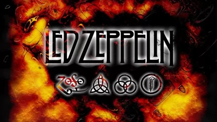 A vibrant HD wallpaper featuring the iconic Led Zeppelin logo with symbolic designs, set against a fiery red and black background, celebrating the legendary rock band's music.