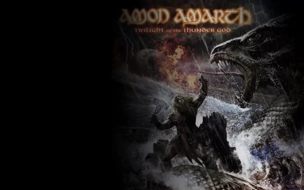 A dramatic HD wallpaper featuring Amon Amarth, depicting a fierce scene with a warrior facing a dragon amidst a fiery backdrop, capturing the band's epic metal essence.