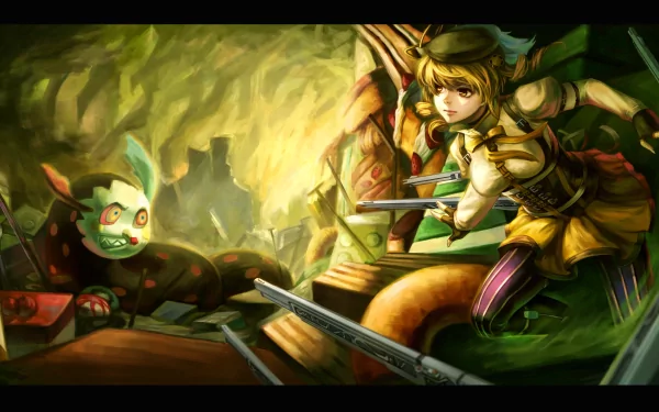 2K Quad HD anime wallpaper: Mami Tomoe (Puella Magi Madoka Magica) confronts the witch Charlotte in a fiery cavern, poised with rifles and swirling ribbons.