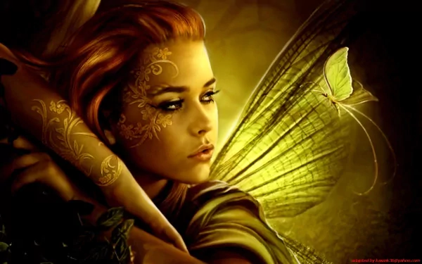 HD desktop wallpaper featuring a fantasy-themed fairy with intricate facial designs, softly glowing in a verdant background.