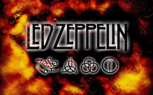 A vibrant HD wallpaper featuring the iconic Led Zeppelin logo with symbolic designs, set against a fiery red and black background, celebrating the legendary rock band's music.