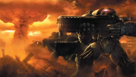 HD PC desktop wallpaper featuring a Starcraft soldier in power armor, set against a dramatic orange sky with smoke and battlefield debris in the background.