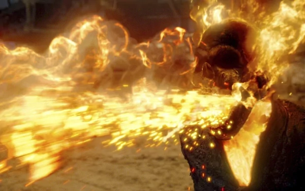 HD PC desktop wallpaper/background from the movie Ghost Rider: Spirit of Vengeance, showing the flaming-skulled rider spewing a torrent of fire across a scorched urban street.