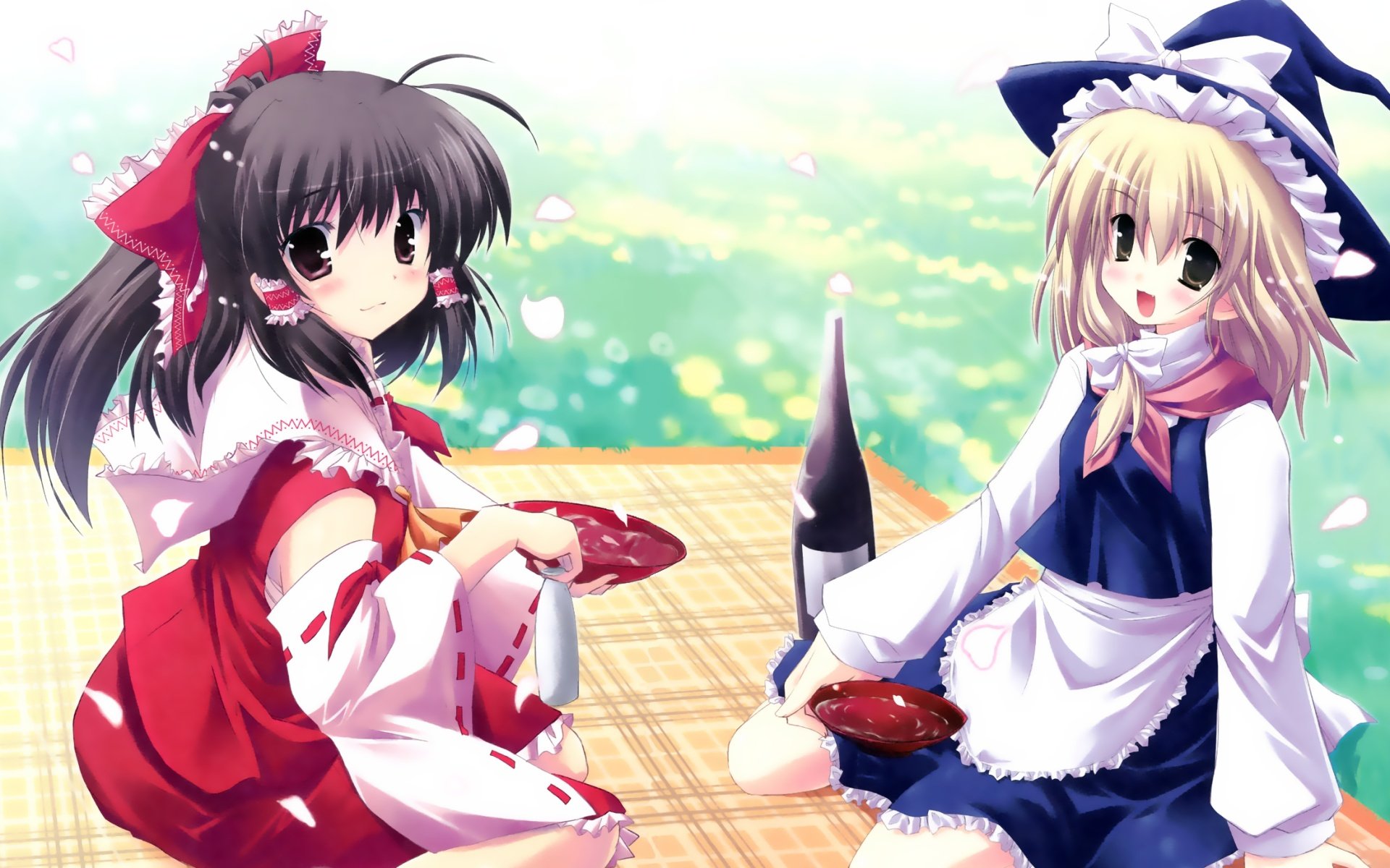 HD PC Desktop Wallpaper and Background — Touhou anime of maidens Reimu Hakurei and Marisa Kirisame seated on a picnic mat, sharing snacks beneath a soft, sunlit backdrop.