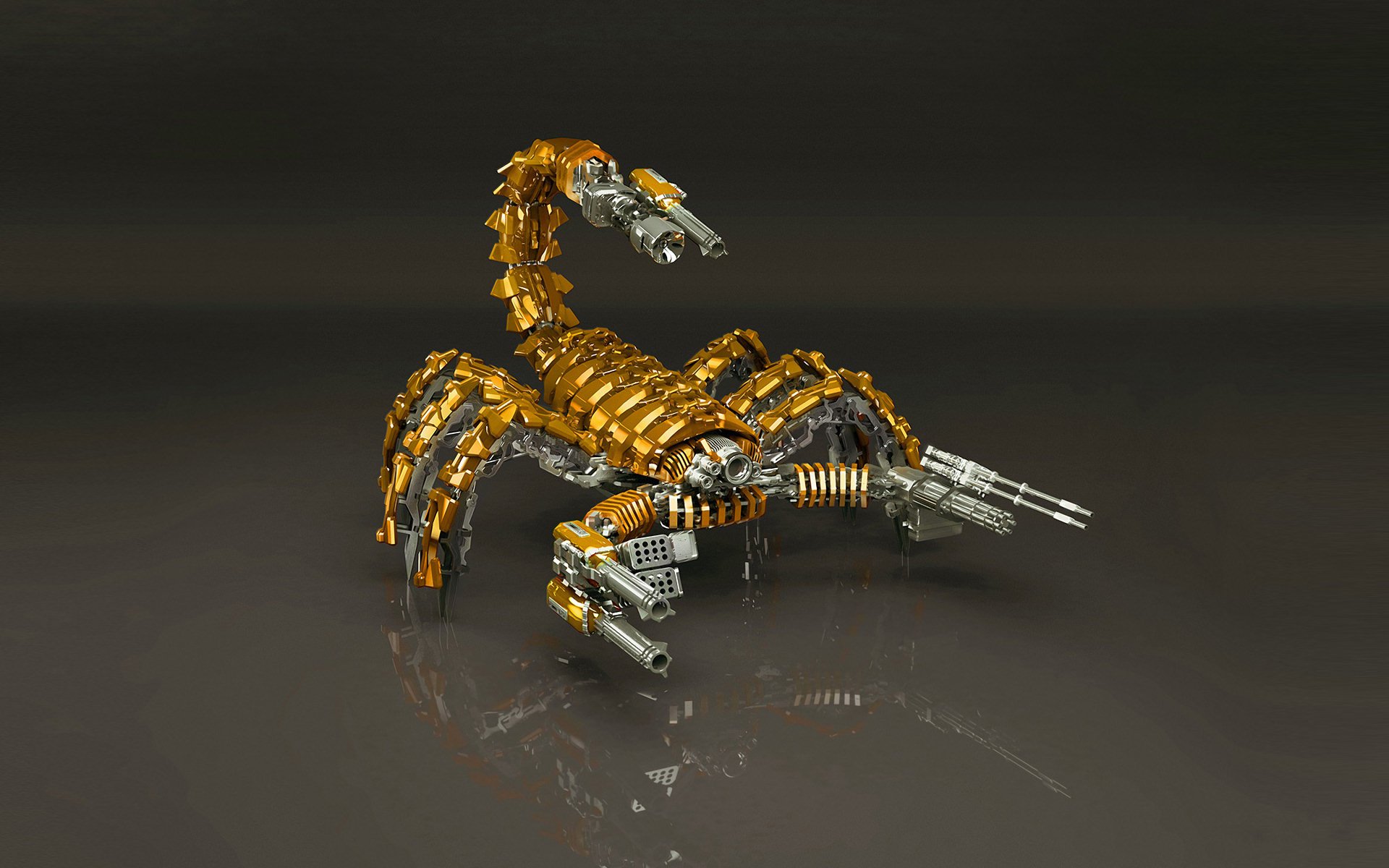 CGI-rendered metallic scorpion with intricate gold and silver mechanical parts, showcased as an HD PC desktop wallpaper and background.
