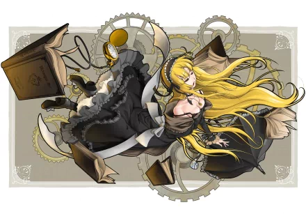 HD anime wallpaper featuring a character from Gosick with flowing blonde hair, surrounded by floating books and mechanical gears, set against a neutral background.