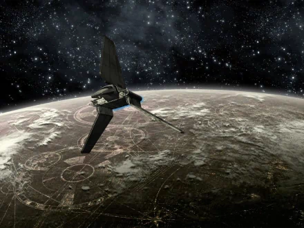 HD wallpaper of a Lambda-class T-4a shuttle from Star Wars, depicting the spacecraft in orbit above a detailed planetary surface, with the starry expanse of space in the background.