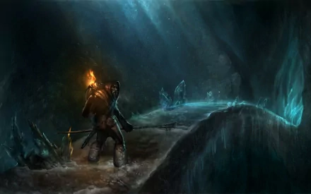 A fantasy warrior traverses a mystical cave illuminated by a glowing torch, set against a backdrop of shimmering crystals and deep shadows, creating a captivating HD desktop wallpaper.