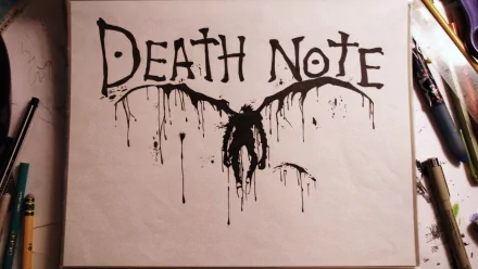 HD anime desktop wallpaper featuring a graphic drawing of Death Note with a shadowy figure and dripping ink accents.
