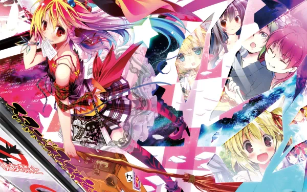 A vibrant HD wallpaper featuring characters from Touhou, including Rumia, Shikieiki Yamaxanadu, Patchouli Knowledge, and others, set against a colorful, dynamic background.