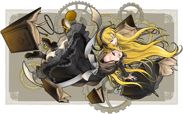 HD anime wallpaper featuring a character from Gosick with flowing blonde hair, surrounded by floating books and mechanical gears, set against a neutral background.
