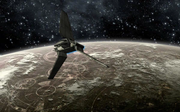 HD wallpaper of a Lambda-class T-4a shuttle from Star Wars, depicting the spacecraft in orbit above a detailed planetary surface, with the starry expanse of space in the background.