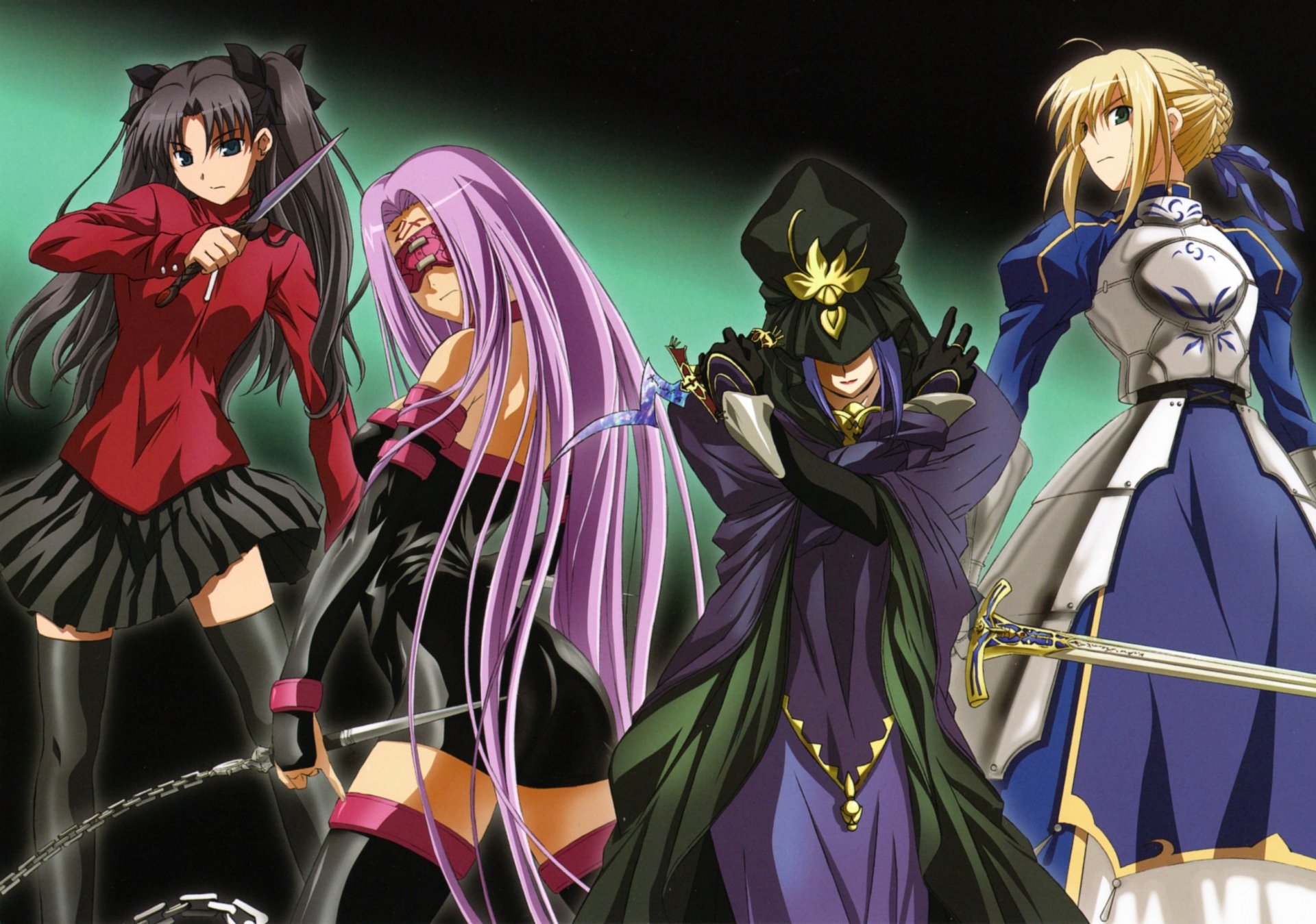 HD desktop wallpaper featuring Rider, Saber, Caster, and Rin Tohsaka from the Fate/stay night anime series in dynamic poses.