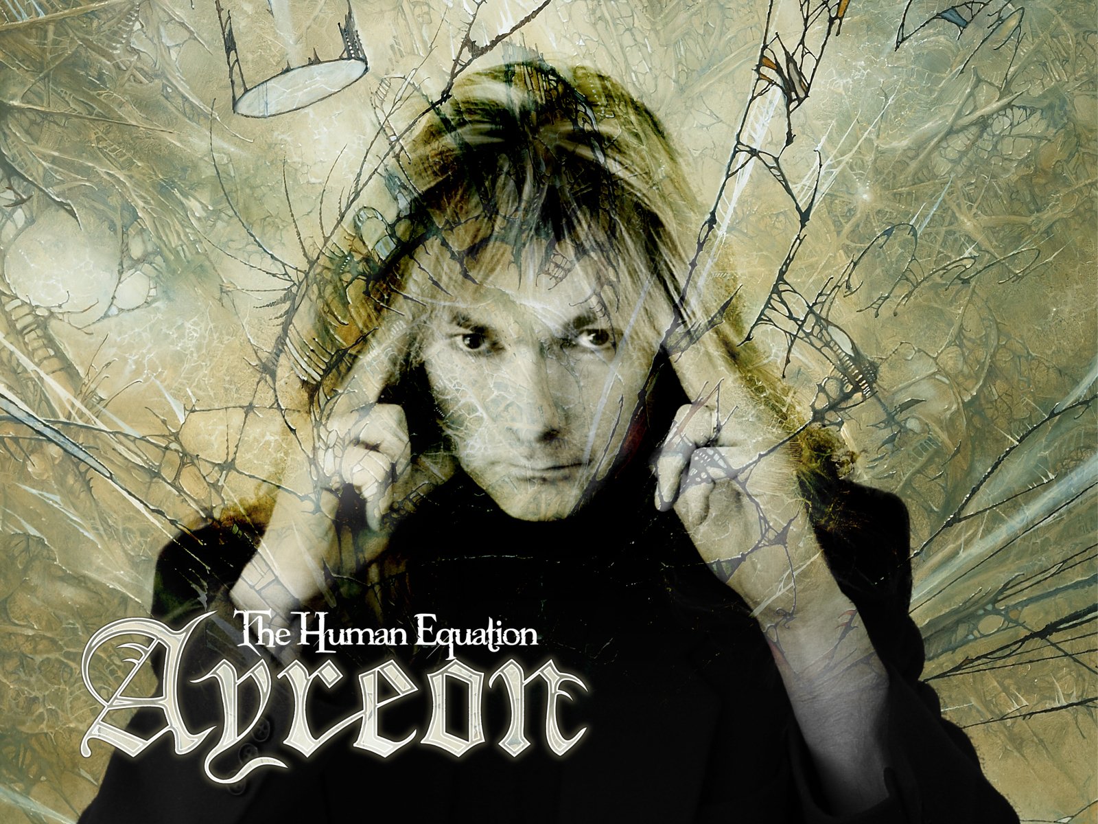 HD PC desktop wallpaper and background of Ayreon music artwork: a mysterious figure pressing temples amid cracked glass and abstract textures, with The Human Equation text.