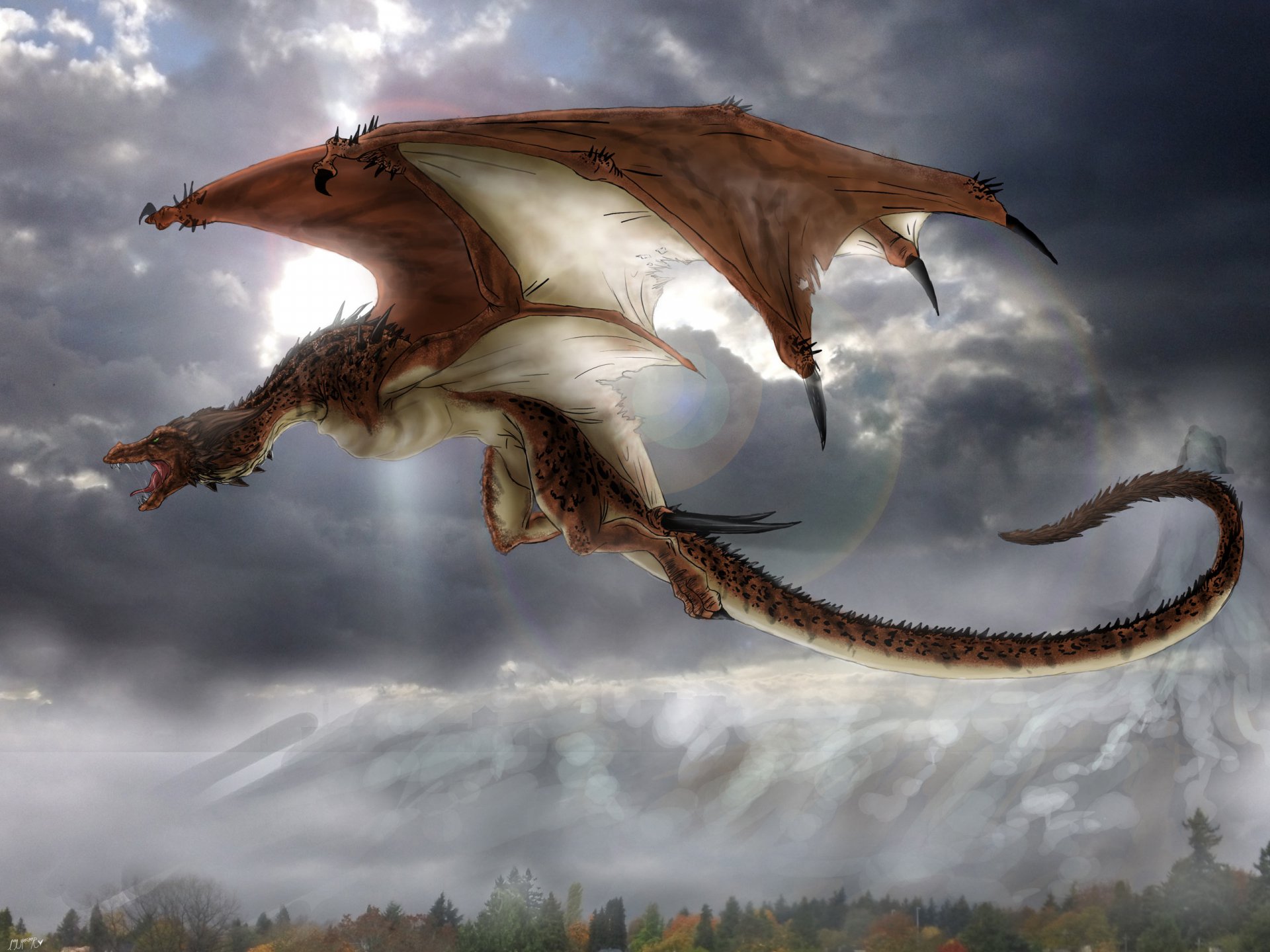 A majestic dragon soars through a dramatic sky, surrounded by clouds and light, serving as an enchanting fantasy-themed HD desktop wallpaper and background.