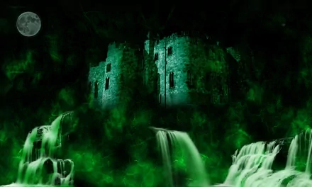 Fantasy HD desktop wallpaper depicting a green-tinged castle shrouded in fog, with cascading waterfalls and a full moon glowing in the night sky.