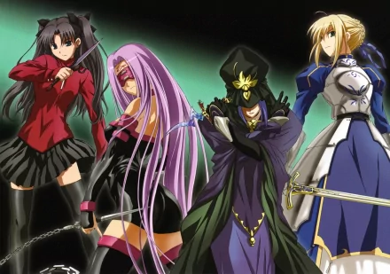 HD desktop wallpaper featuring Rider, Saber, Caster, and Rin Tohsaka from the Fate/stay night anime series in dynamic poses.